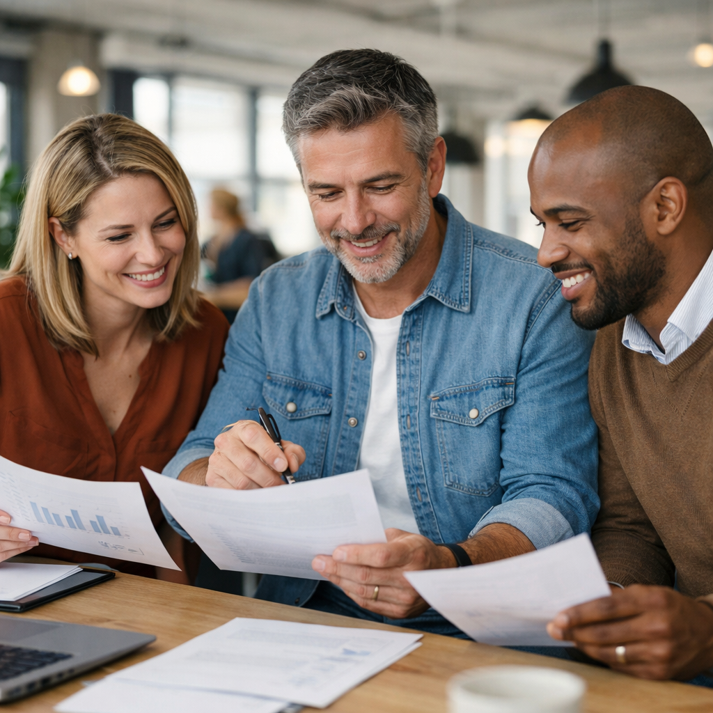 Business Professionals Reviewing Documents in Casual Office Setting-1 Business Professionals Reviewing Documents in Casual Office Setting-1